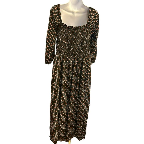 WAYF Women's Black Floral Nevaeh Smocked Lined Midi Dress Size Large Dry Clean - Picture 4 of 6